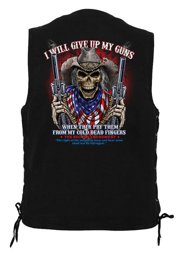 mens denim biker vest with second amendment design