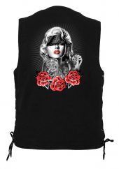 mens denim sidelace biker vest Marilyn Monroe roses design