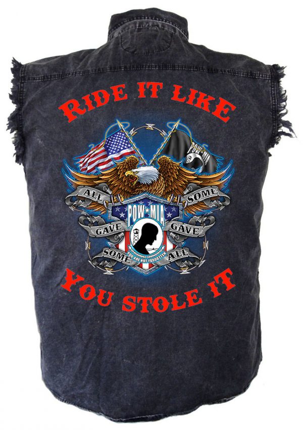 mens denim biker shirt all gave some pow-mia eagle