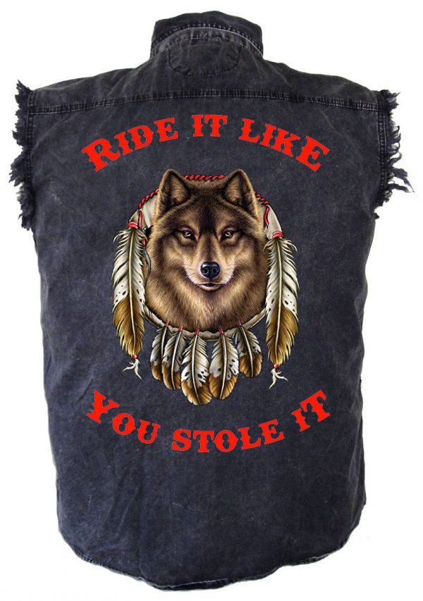 mens biker denim shirt dreamcatcher wolf