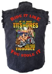mens denim biker shirt tits or tires