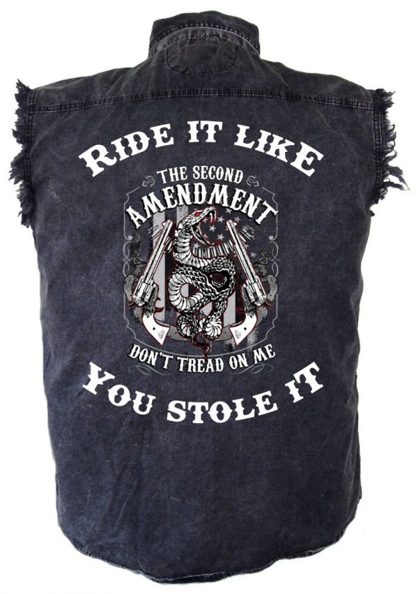 mens denim biker shirt second amendment snake