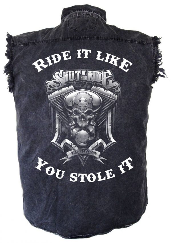 mens denim biker shirt shut up and ride skull