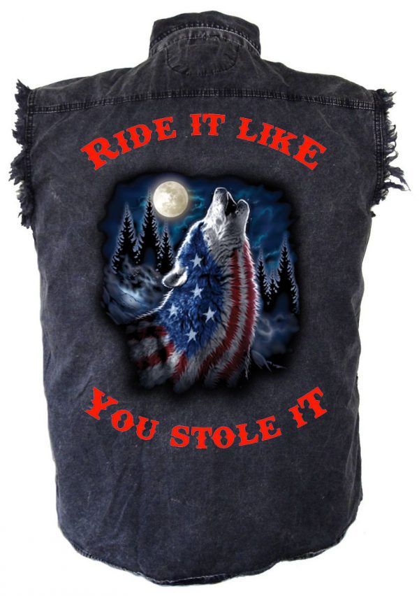 mens denim biker shirt howling wolf