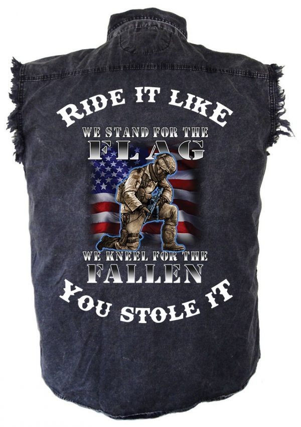 mens denim biker shirt we stand for the flag military heroes