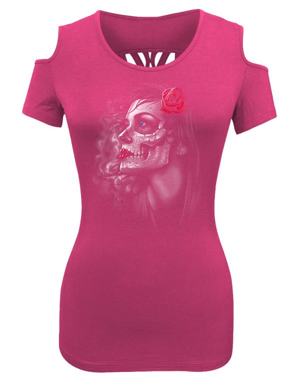 ladies biker shoulder less tee goth girl