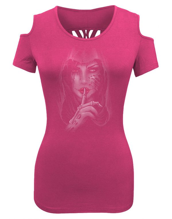 ladies biker shoulder less skull cutout tee whispering goth girl