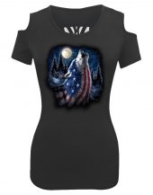 ladies shulderless cutout skull patriotic wolf