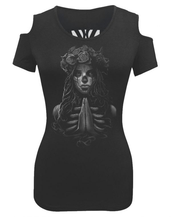 ladies biker shoulder less skull cutout tee praying goth girl