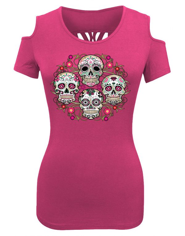 lady biker shoulder less sugar skulls