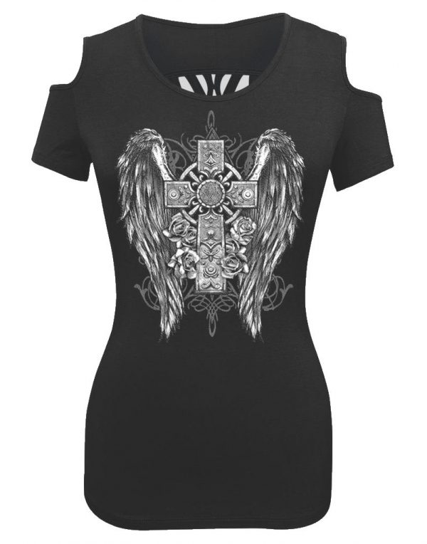 lady biker shoulder less gothic cross