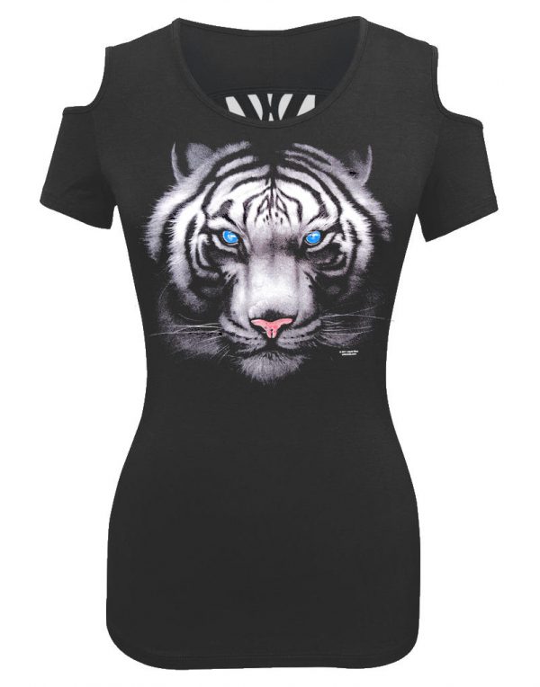 lady biker shoulder less blue eyed tiger