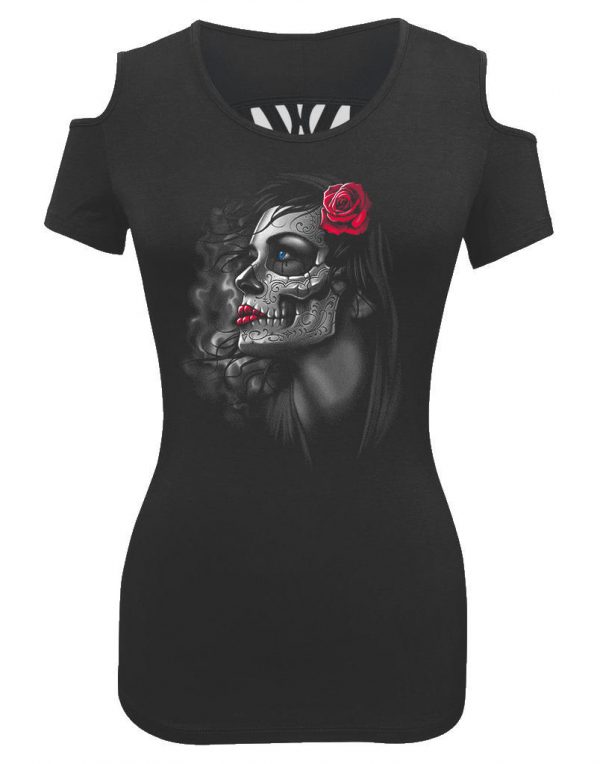 ladies biker shoulder less tee goth girl