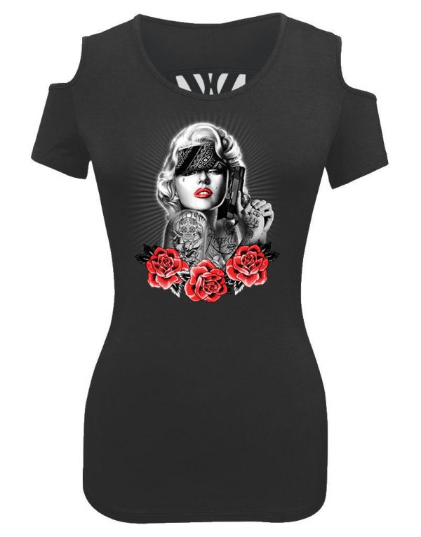 ladies biker shoulder less Marilyn Monroe red roses