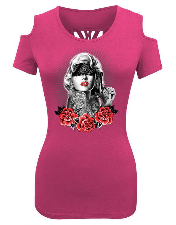 ladies biker shoulder less Marilyn Monroe red roses