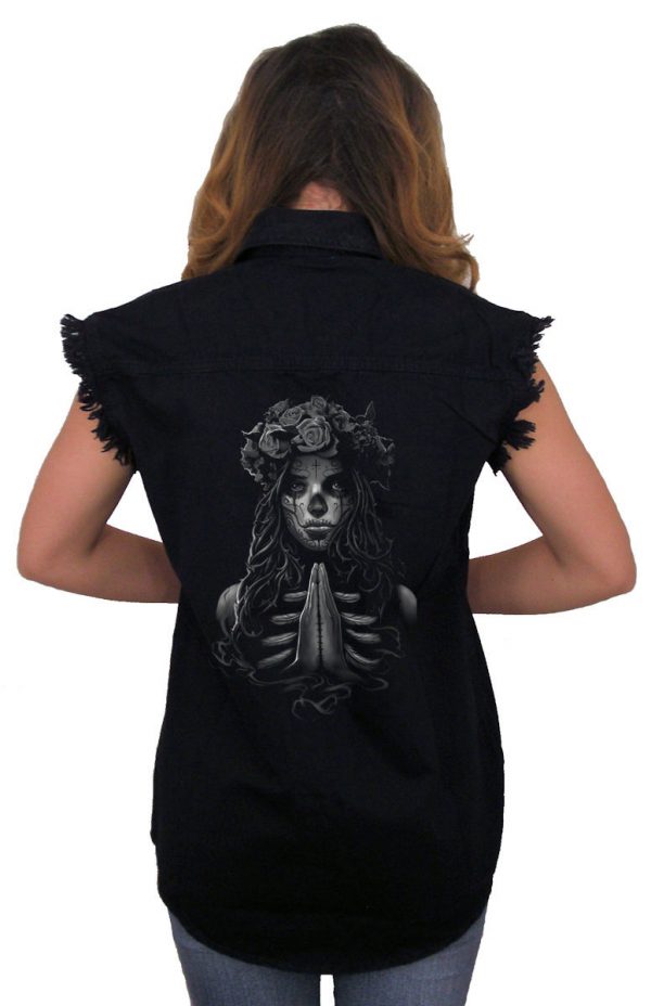 ladies denim biker shirt praying goth girl