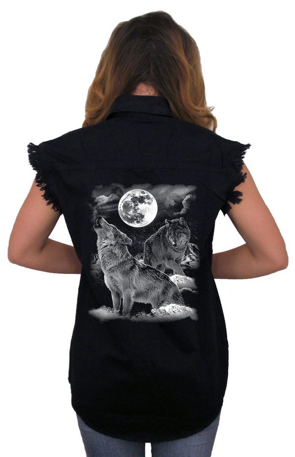 ladies denim biker shirt howling wolf