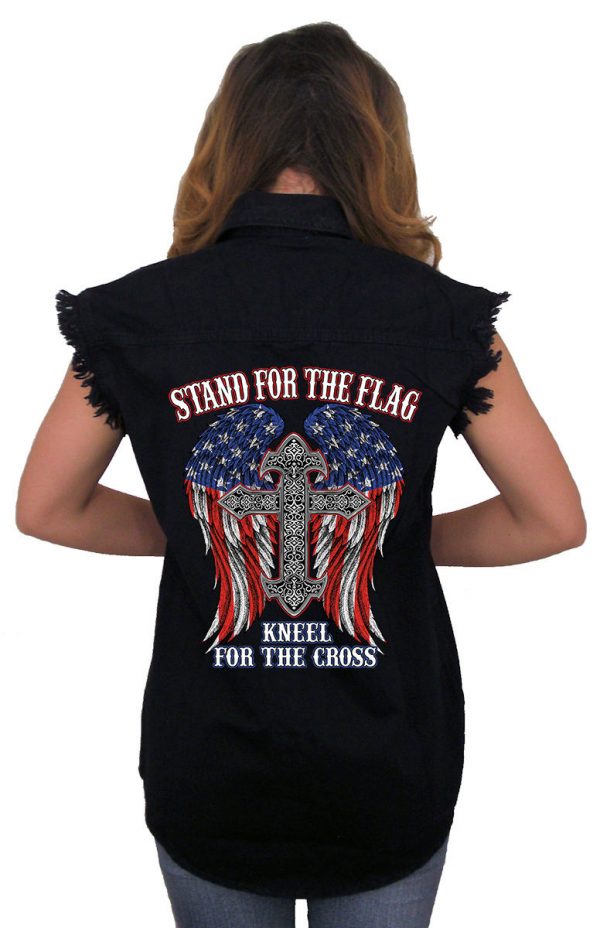 ladies biker denim shirt stand for the flag