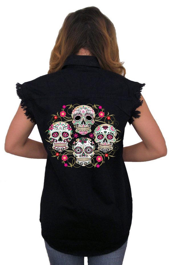 ladies denim biker shirt sugar skulls