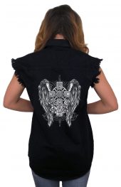 ladies denim biker shirt silver goth wings