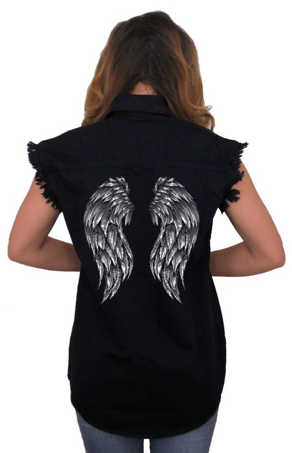 ladies denim biker shirt angel wings