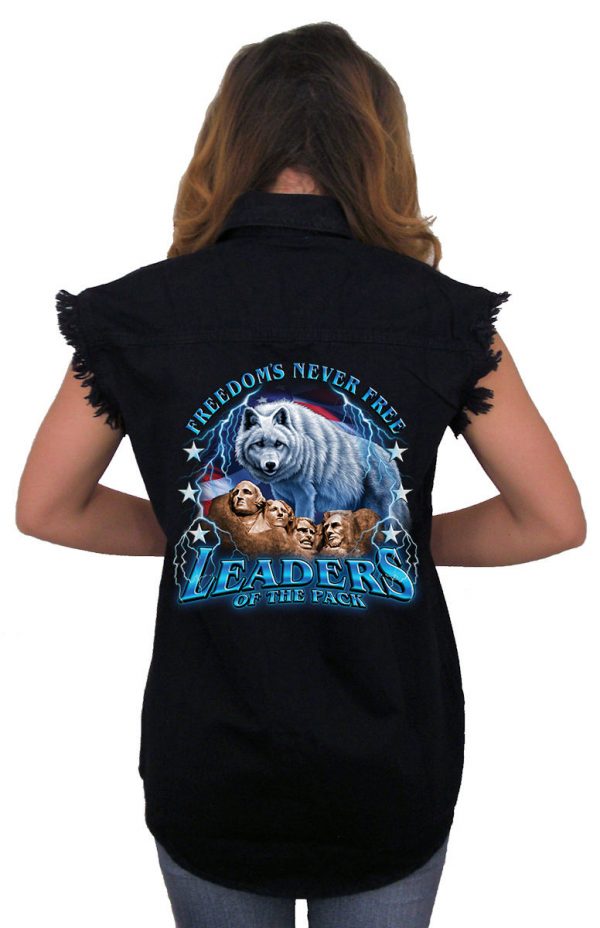 ladies denim biker shirt mount Rushmore wolf