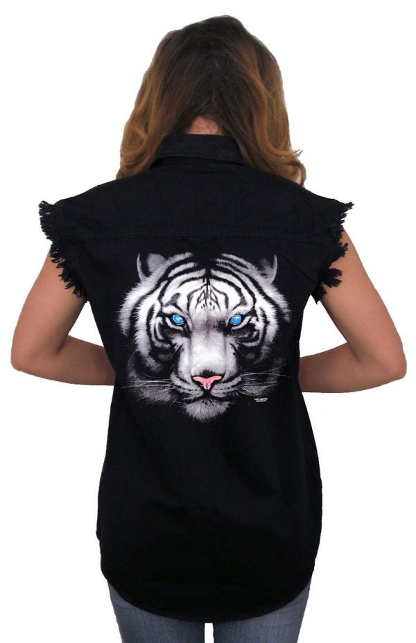 lady denim biker shirt blue eyed tiger