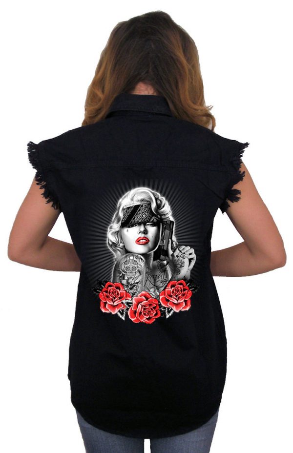 lady denim biker shirt red roses Marilyn Monroe