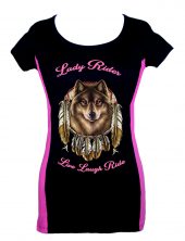 lady two tone biker t-shirt lady rider dreamcatcher wolf live laugh ride