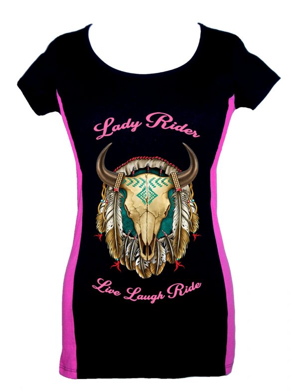 lady two tone biker t-shirt lady rider dreamcatcher steer head live laugh ride