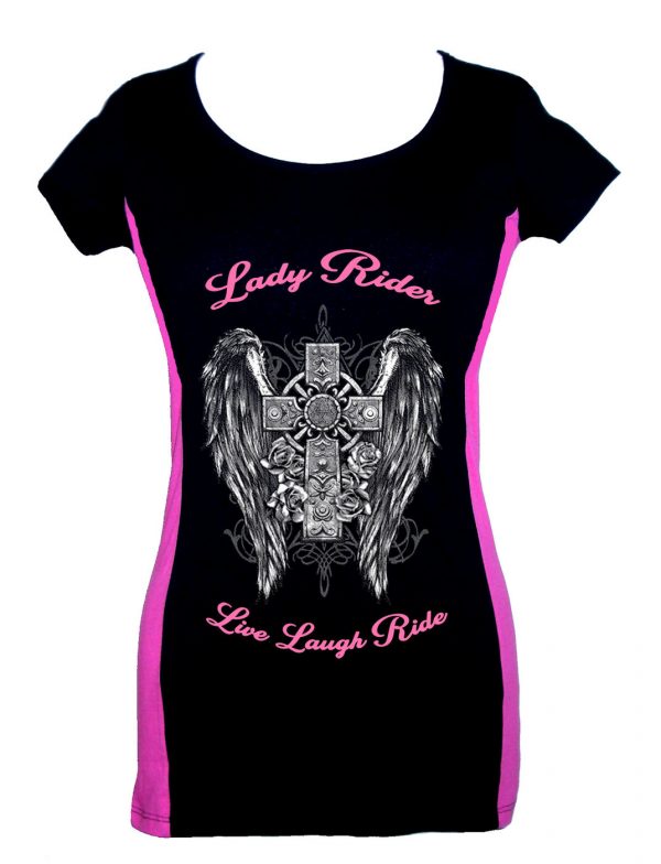 lady two tone biker t-shirt lady rider gothic cross live laugh ride