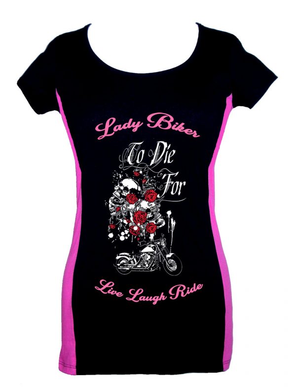 lady two tone biker t-shirt lady biker to die for skulls live laugh ride