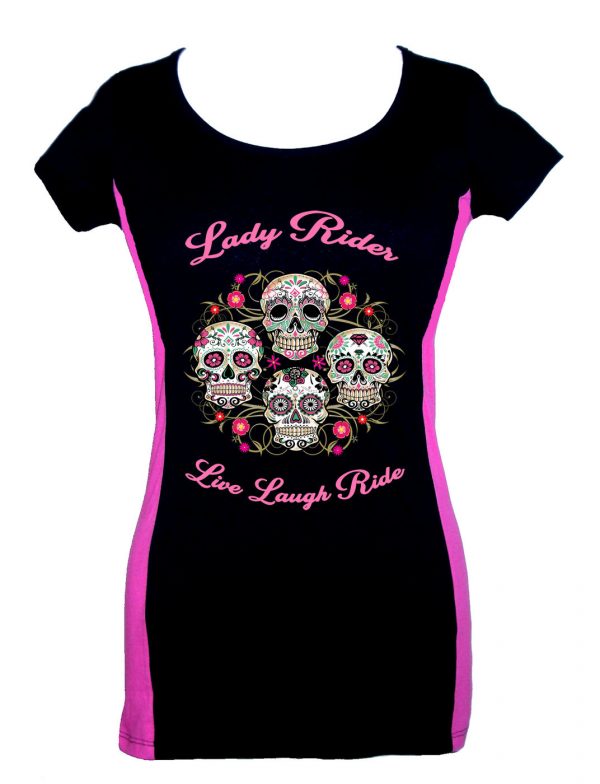 lady two tone biker tee lady rider day of the dead sugar skulls live laugh ride