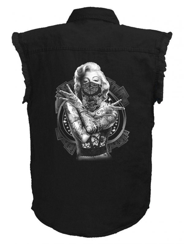 mens black denim shirt marilyn monroe bad girl