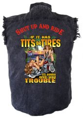 mens denim biker shirt shut up and ride tits or tires babes