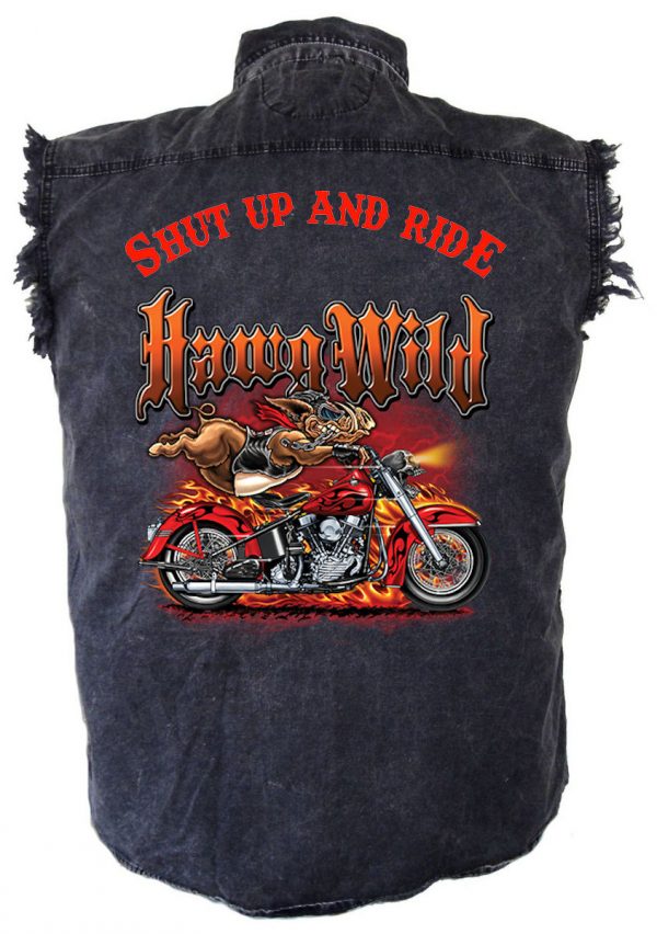 mens denim biker shirt shut up and ride hawg wild hog