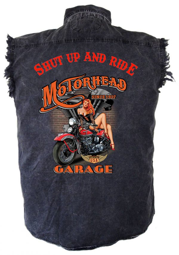 mens denim biker shirt shut up and ride motorhead garage babe