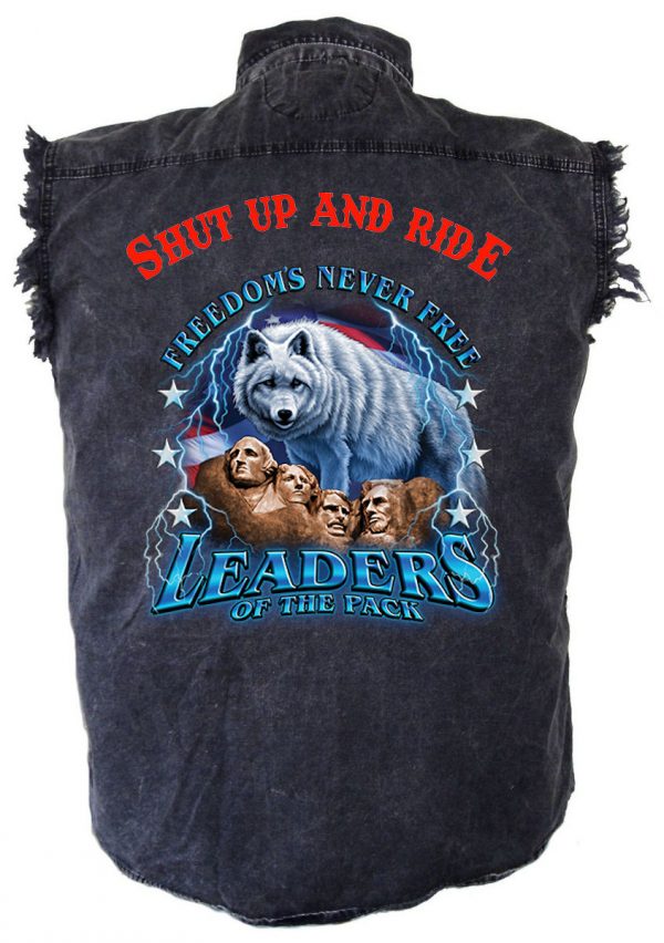 mens denim biker shirt shut up and ride mount Rushmore wolf