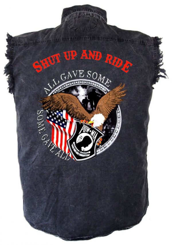 mens denim biker shirt shut up and ride pow-mia eagle