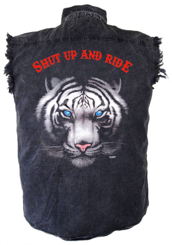 mens denim biker shirt shut up and ride blue eyed tiger