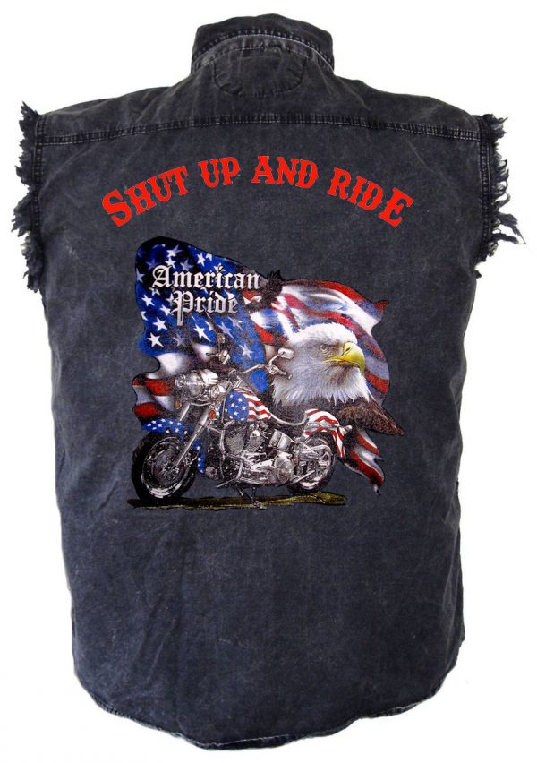 mens denim biker shirt american pride shut up and ride