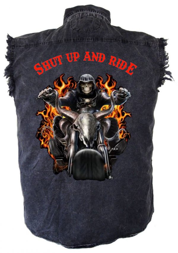 mens denim biker shirt shut up and ride grim reaper flames