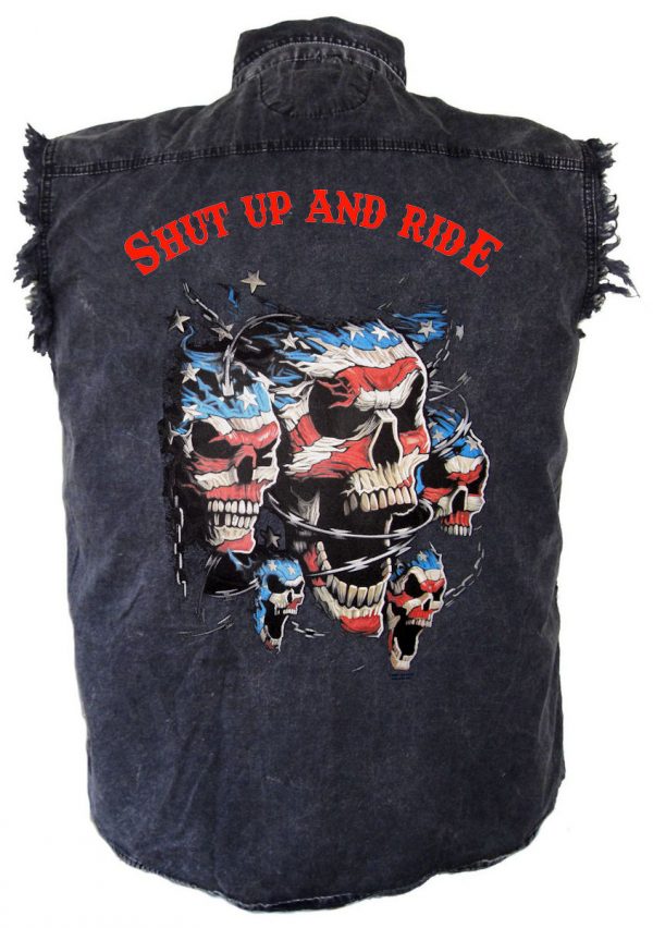 mens denim biker shirt shut up and ride screaming skulls