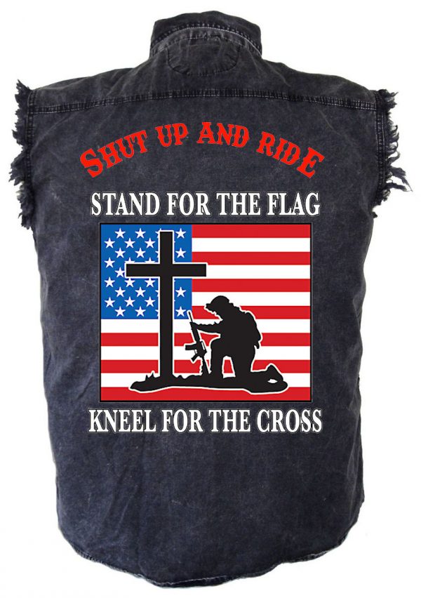 mens denim biker shirt shut up and ride stand for the flag