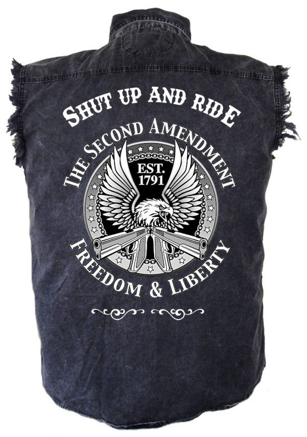 mens denim biker shirt shut up and ride 2nd amendment eagle