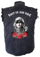 mens denim biker shirt shut up and ride marilyn monroe roses