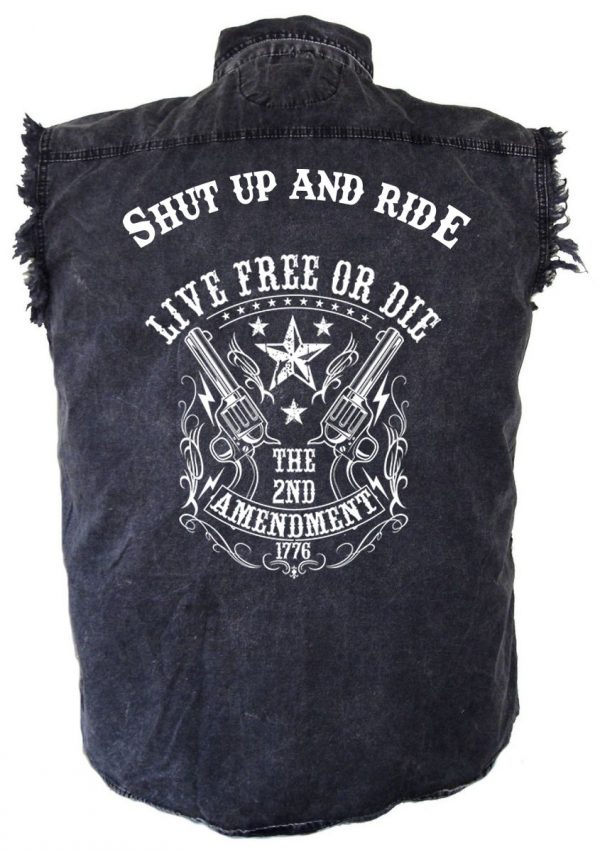 mens denim biker shirt shut up and ride live free or die