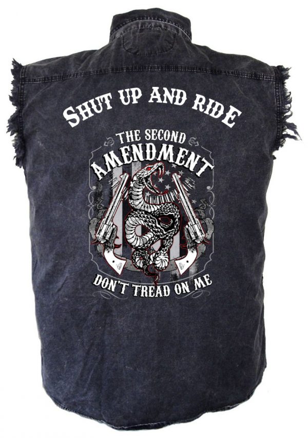 mens denim biker shirt shut up and ride second amendment snake