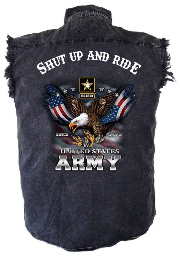 mens denim biker shirt shut up and ride united states army eagle