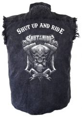 mens denim biker shirt shut up and ride motorcycle skull engine